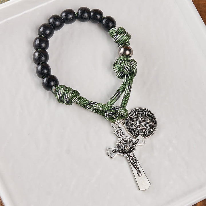 FREE Today: St. Benedict Medal & Crucifix of 10 mm Round Black Wood Green Paracord Pocket Rosary