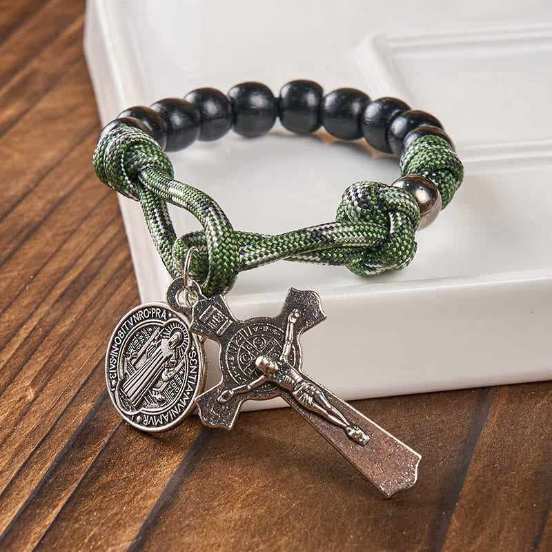 FREE Today: St. Benedict Medal & Crucifix of 10 mm Round Black Wood Green Paracord Pocket Rosary