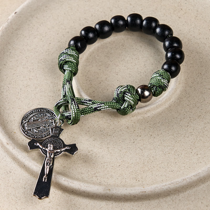 FREE Today: St. Benedict Medal & Crucifix of 10 mm Round Black Wood Green Paracord Pocket Rosary