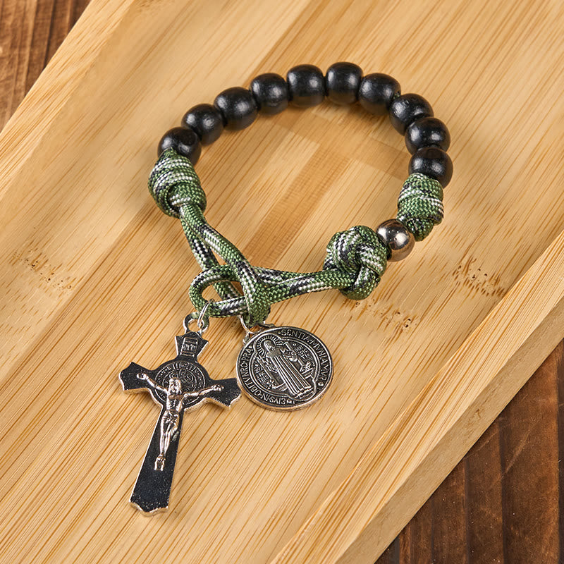 FREE Today: St. Benedict Medal & Crucifix of 10 mm Round Black Wood Green Paracord Pocket Rosary