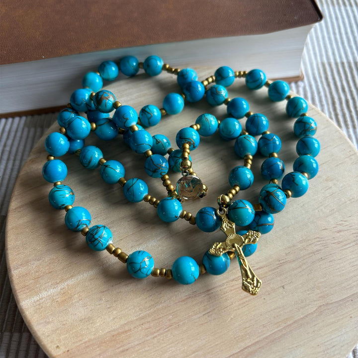 Christianartworkshop Miraculous Medal & Crucifix of 8 mm Round Blue Acrylic Nylon Cord Rosary