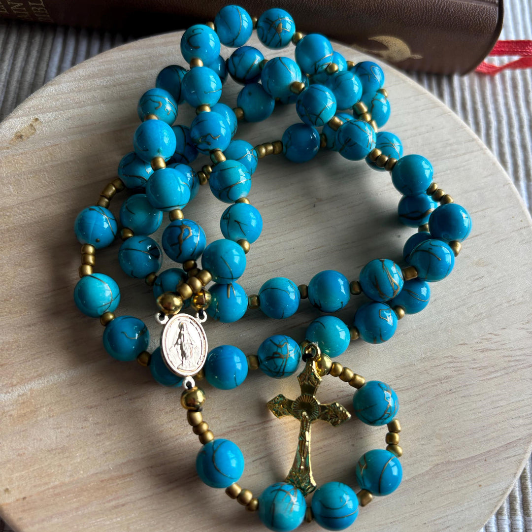 Christianartworkshop Miraculous Medal & Crucifix of 8 mm Round Blue Acrylic Nylon Cord Rosary