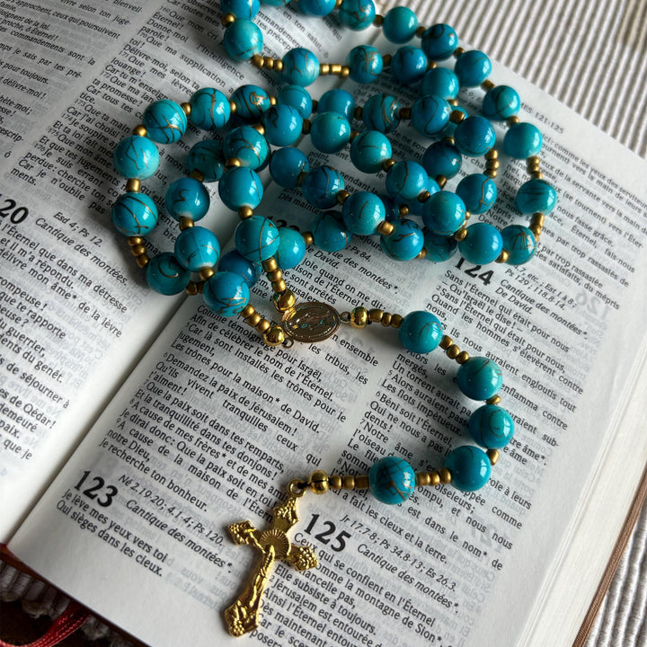 Christianartworkshop Miraculous Medal & Crucifix of 8 mm Round Blue Acrylic Nylon Cord Rosary