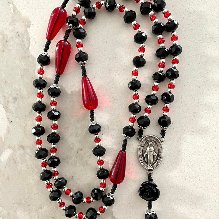 FREE Today: Miraculous Medal & Crucifix of 6 mm Polyhedron Black Red Acrylic Nylon Cord Rosary