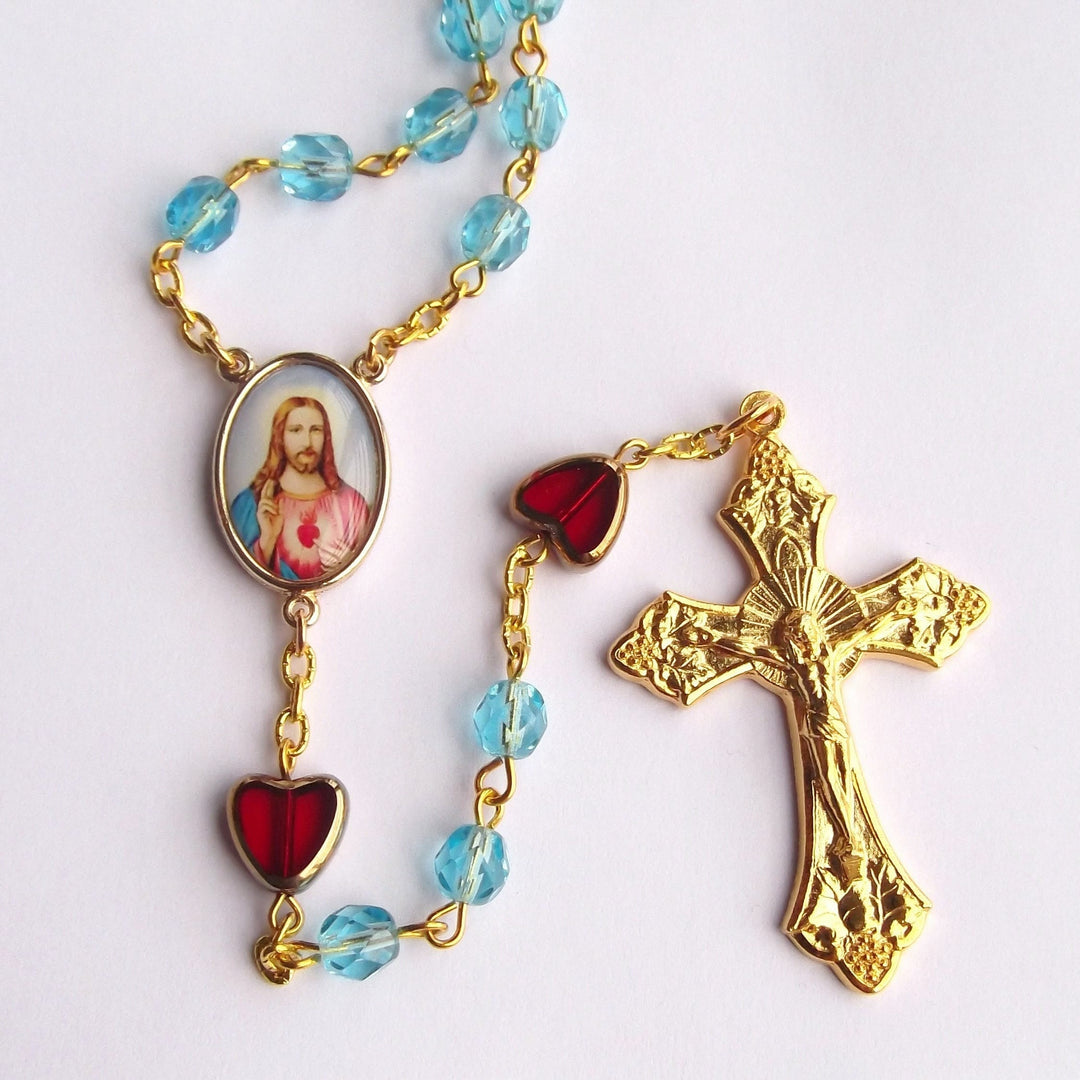 FREE Today: Sacred Heart of Jesus & Crucifix of 6 mm Polyhedron Blue Glass Alloy Chain Rosary