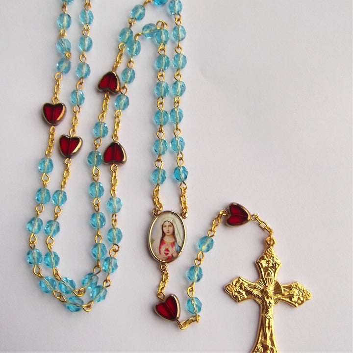 FREE Today: Sacred Heart of Jesus & Crucifix of 6 mm Polyhedron Blue Glass Alloy Chain Rosary