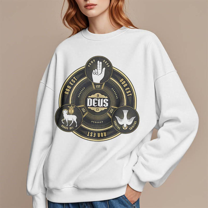 Christianartworkshop Classic Style Holy Trinity Deus Emblem Fleece Lined Polyester Sweatshirt - image 1