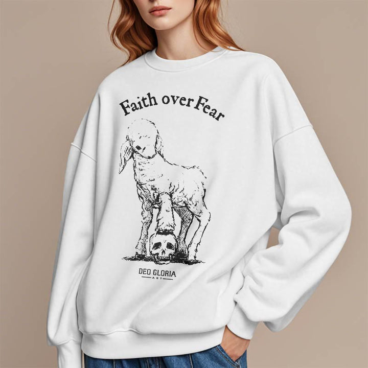 Christianartworkshop Quotation Style Faith Over Fear Lamb Fleece Lined Polyester Sweatshirt