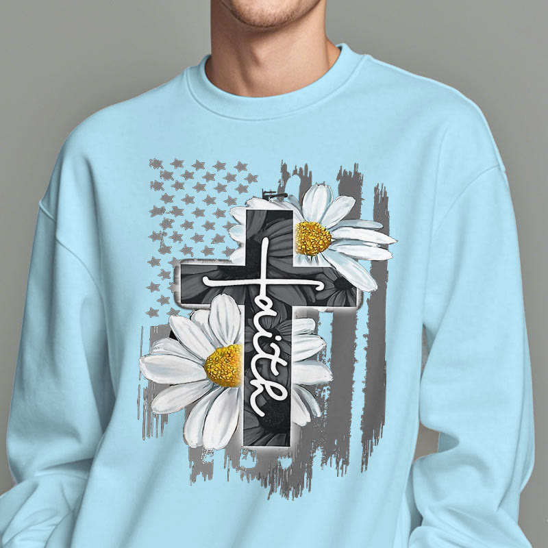 Christianartworkshop Modern Style Faith Cross and Daisies Fleece Lined Polyester Sweatshirt