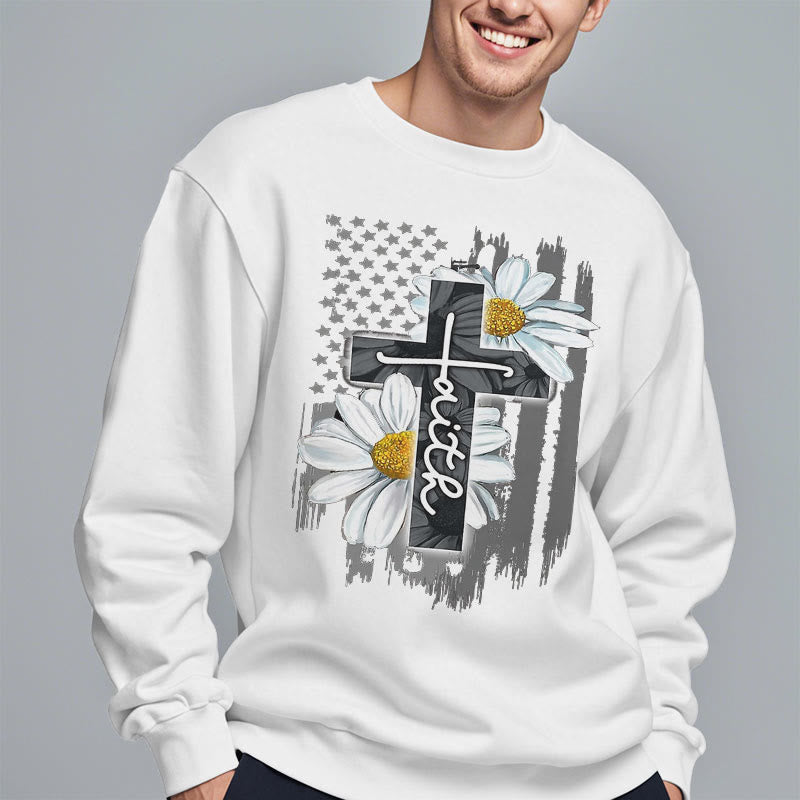 Christianartworkshop Modern Style Faith Cross and Daisies Fleece Lined Polyester Sweatshirt