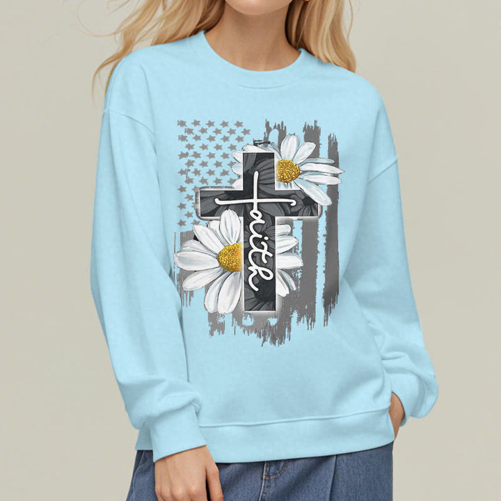 Christianartworkshop Modern Style Faith Cross and Daisies Fleece Lined Polyester Sweatshirt