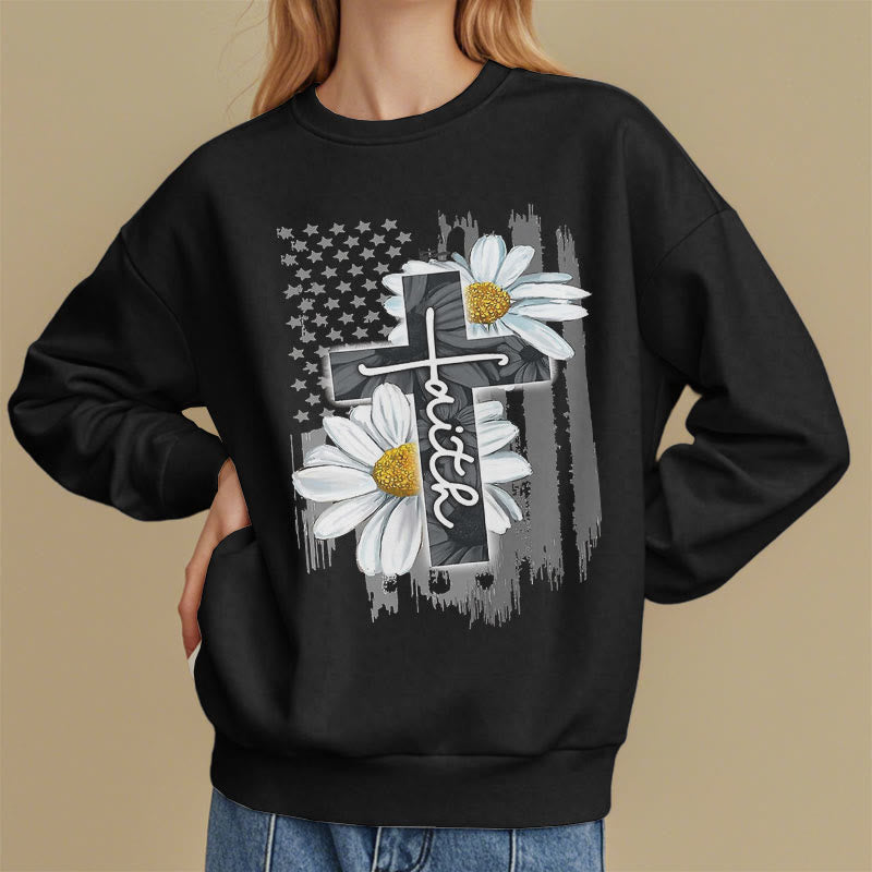 Christianartworkshop Modern Style Faith Cross and Daisies Fleece Lined Polyester Sweatshirt