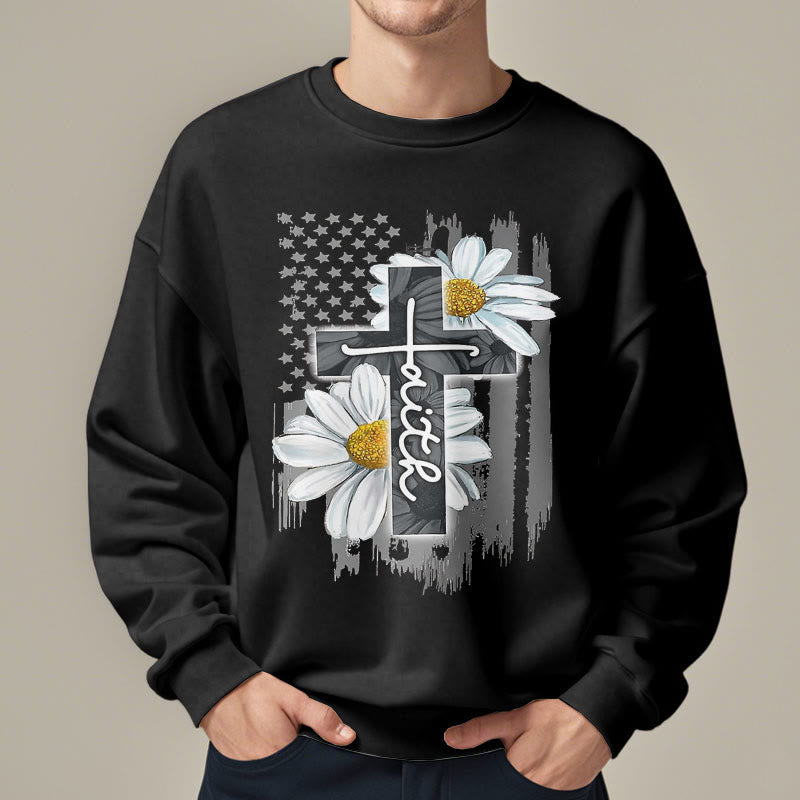 Christianartworkshop Modern Style Faith Cross and Daisies Fleece Lined Polyester Sweatshirt