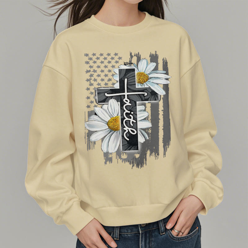 Christianartworkshop Modern Style Faith Cross and Daisies Fleece Lined Polyester Sweatshirt