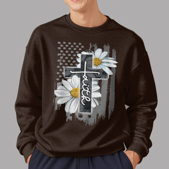 Christianartworkshop Modern Style Faith Cross and Daisies Fleece Lined Polyester Sweatshirt