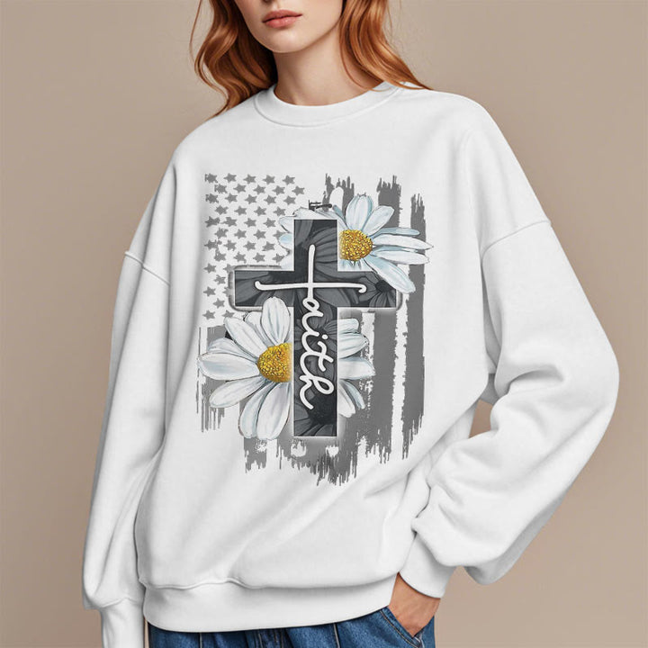 Christianartworkshop Modern Style Faith Cross and Daisies Fleece Lined Polyester Sweatshirt