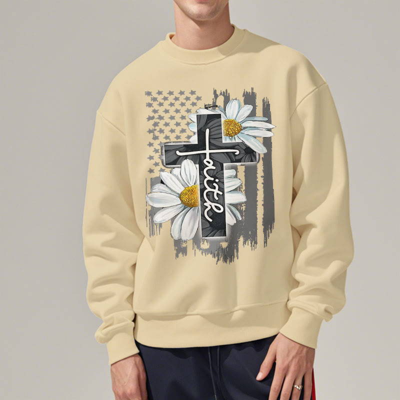 Christianartworkshop Modern Style Faith Cross and Daisies Fleece Lined Polyester Sweatshirt