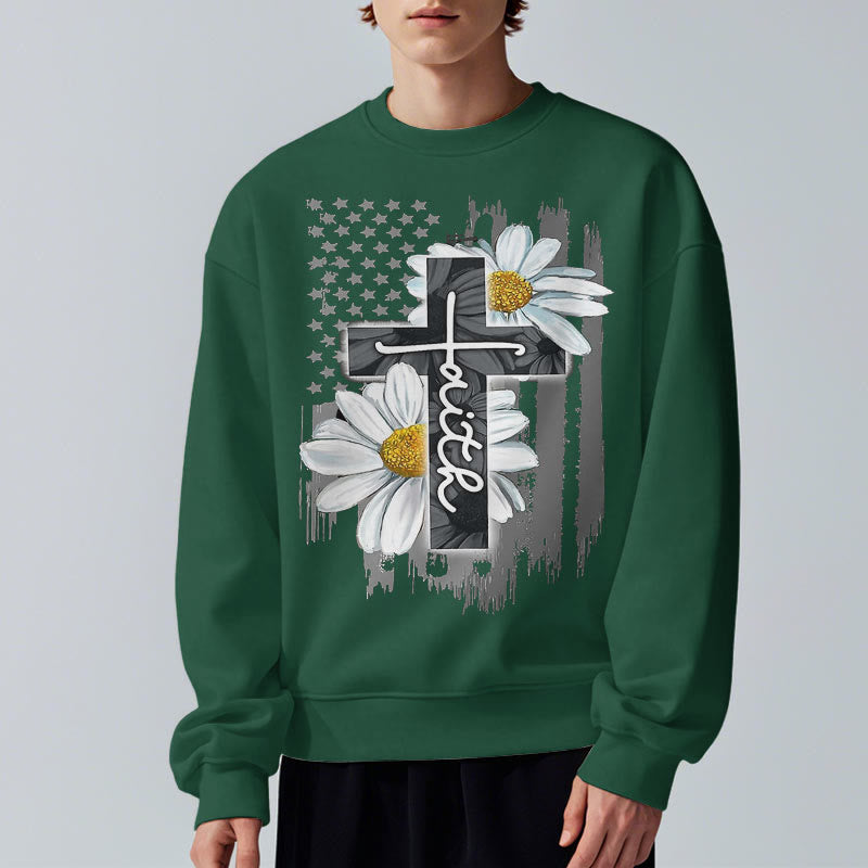 Christianartworkshop Modern Style Faith Cross and Daisies Fleece Lined Polyester Sweatshirt