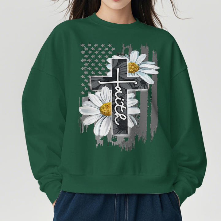 Christianartworkshop Modern Style Faith Cross and Daisies Fleece Lined Polyester Sweatshirt