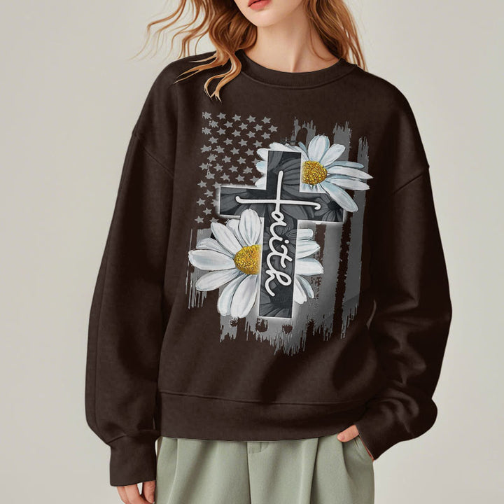 Christianartworkshop Modern Style Faith Cross and Daisies Fleece Lined Polyester Sweatshirt