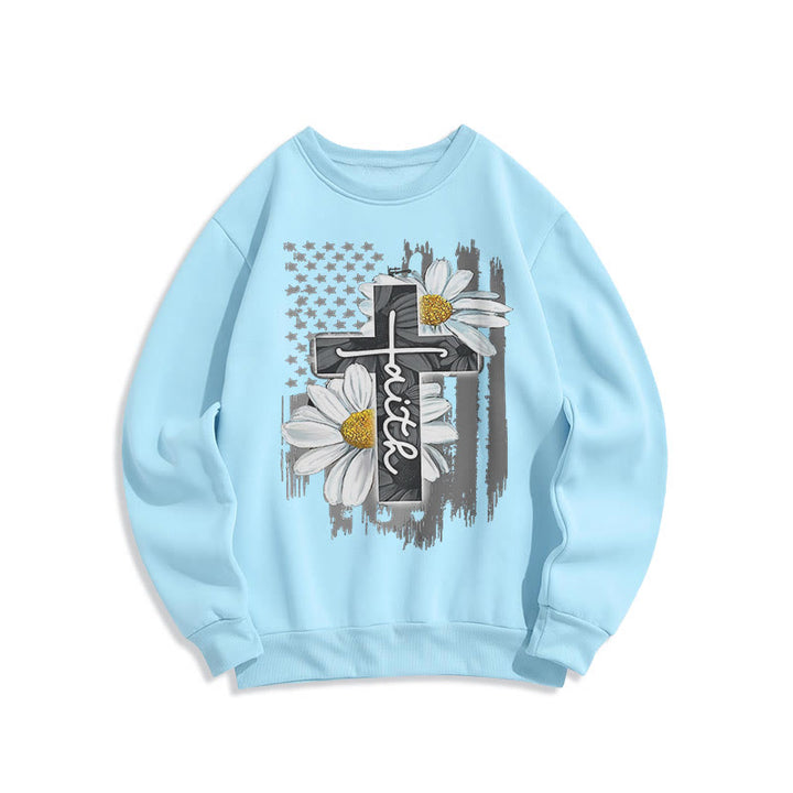 Christianartworkshop Modern Style Faith Cross and Daisies Fleece Lined Polyester Sweatshirt