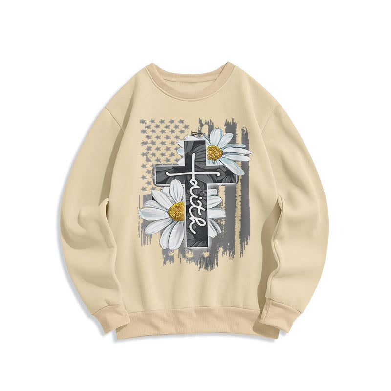 Christianartworkshop Modern Style Faith Cross and Daisies Fleece Lined Polyester Sweatshirt - Beige - 2XL - image 15