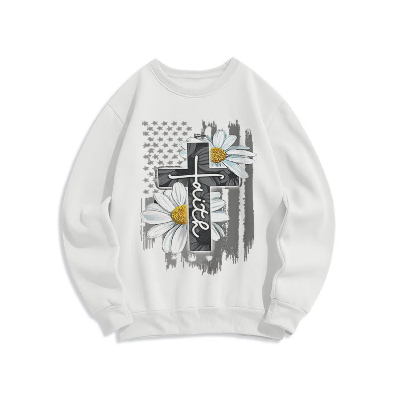 Christianartworkshop Modern Style Faith Cross and Daisies Fleece Lined Polyester Sweatshirt