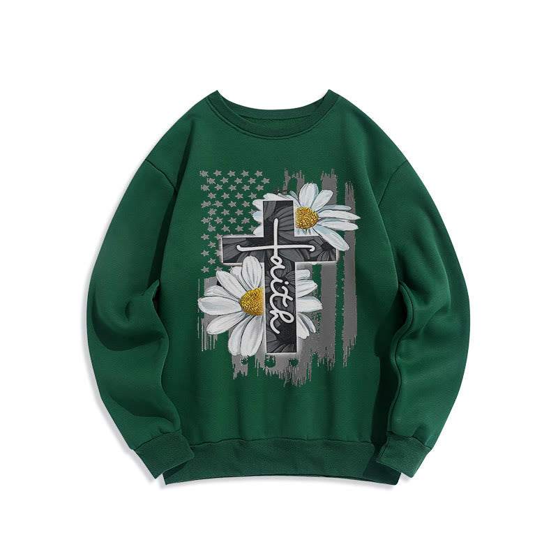 Christianartworkshop Modern Style Faith Cross and Daisies Fleece Lined Polyester Sweatshirt