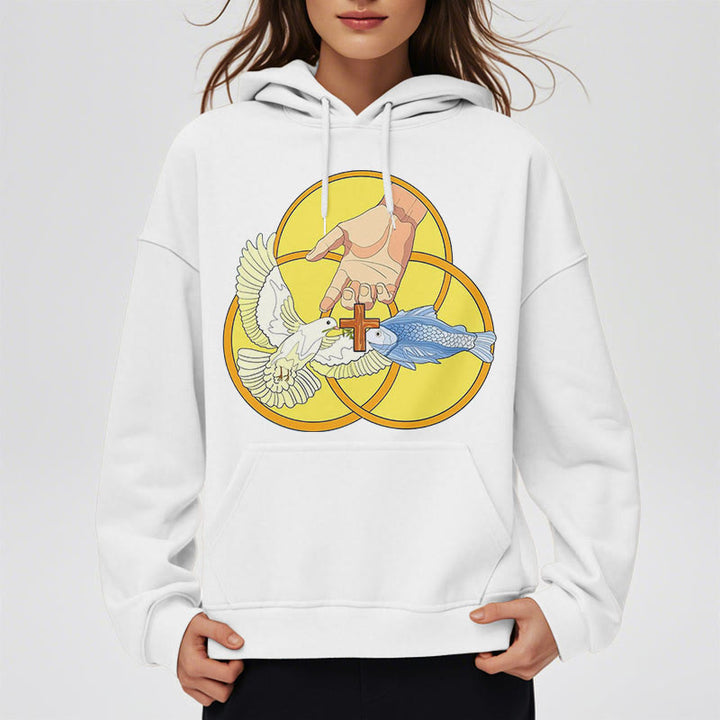 Christianartworkshop Colored Style The Holy Trinity Cross Emblem Fleece Lined Polyester Hoodie