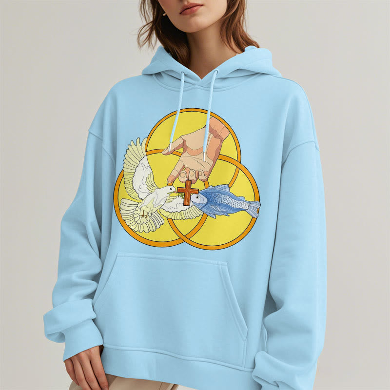 Christianartworkshop Colored Style The Holy Trinity Cross Emblem Fleece Lined Polyester Hoodie