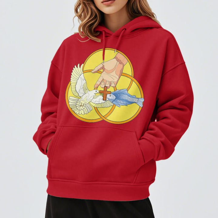 Christianartworkshop Colored Style The Holy Trinity Cross Emblem Fleece Lined Polyester Hoodie