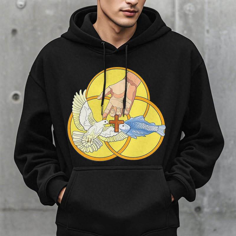 Christianartworkshop Colored Style The Holy Trinity Cross Emblem Fleece Lined Polyester Hoodie