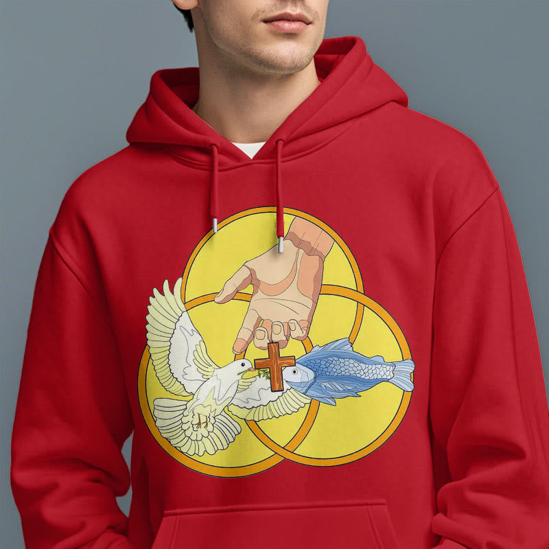 Christianartworkshop Colored Style The Holy Trinity Cross Emblem Fleece Lined Polyester Hoodie
