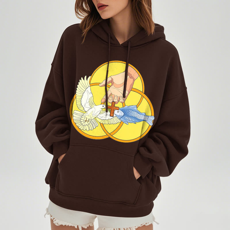 Christianartworkshop Colored Style The Holy Trinity Cross Emblem Fleece Lined Polyester Hoodie