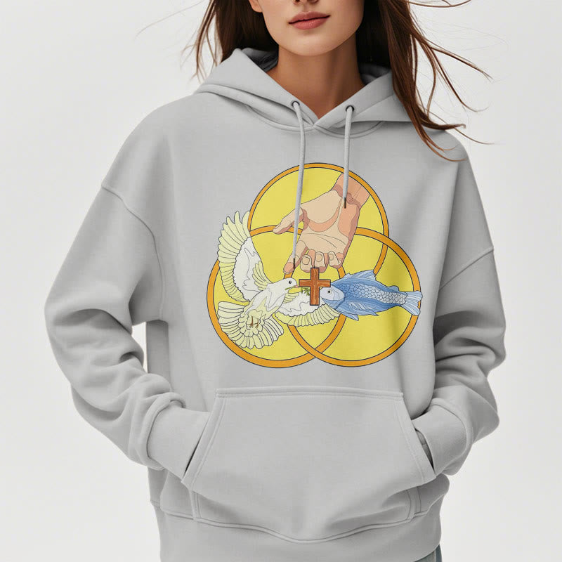 Christianartworkshop Colored Style The Holy Trinity Cross Emblem Fleece Lined Polyester Hoodie