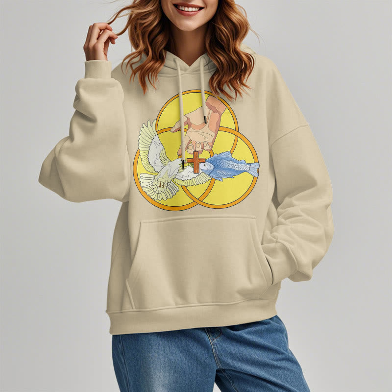 Christianartworkshop Colored Style The Holy Trinity Cross Emblem Fleece Lined Polyester Hoodie