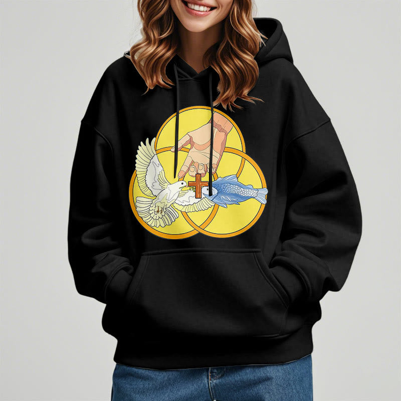 Christianartworkshop Colored Style The Holy Trinity Cross Emblem Fleece Lined Polyester Hoodie