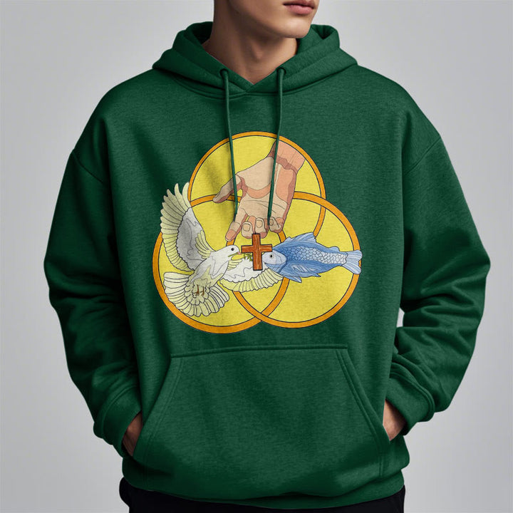 Christianartworkshop Colored Style The Holy Trinity Cross Emblem Fleece Lined Polyester Hoodie