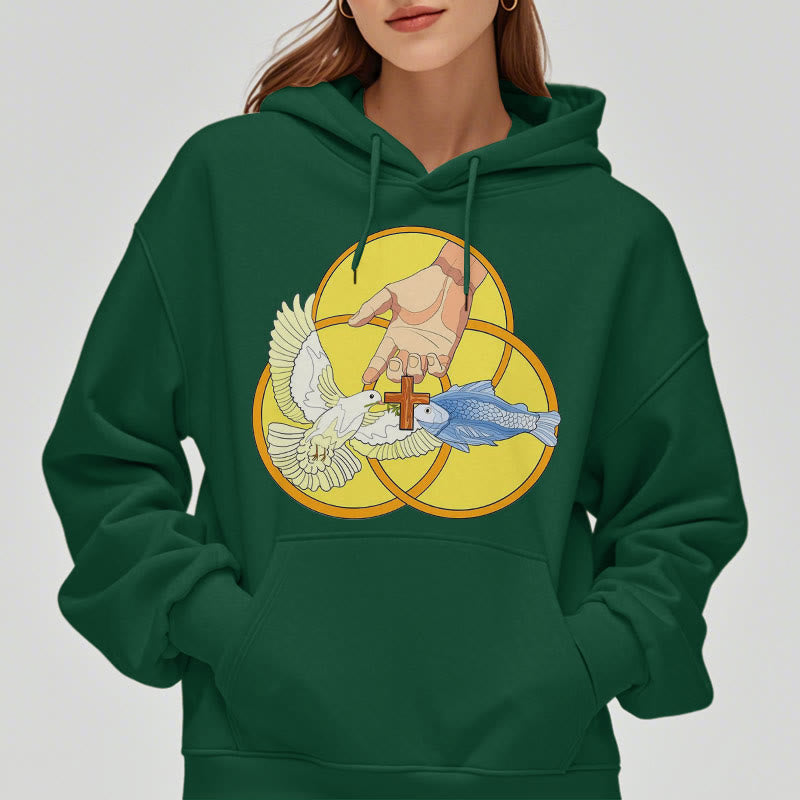 Christianartworkshop Colored Style The Holy Trinity Cross Emblem Fleece Lined Polyester Hoodie