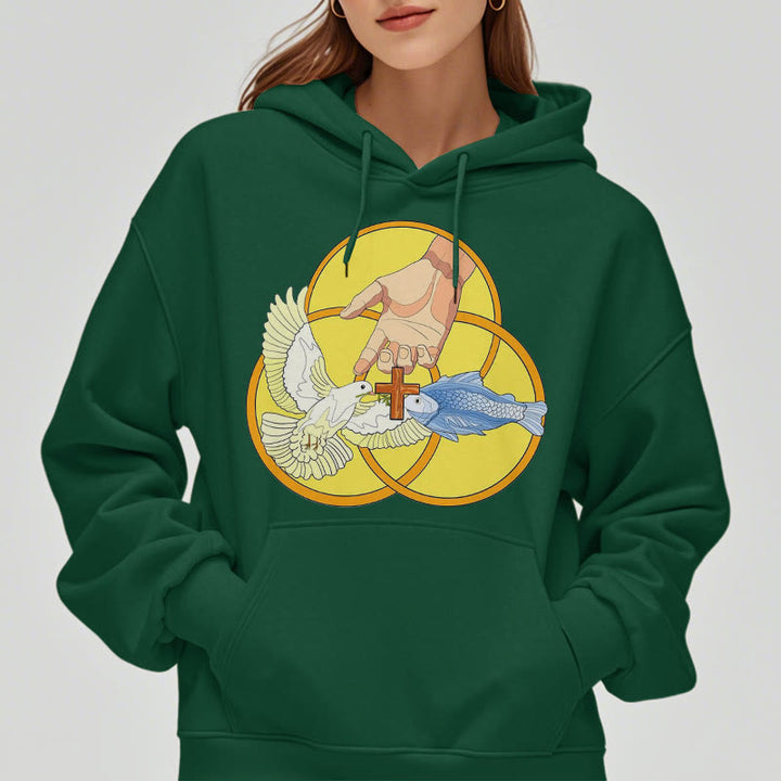 Christianartworkshop Colored Style The Holy Trinity Cross Emblem Fleece Lined Polyester Hoodie