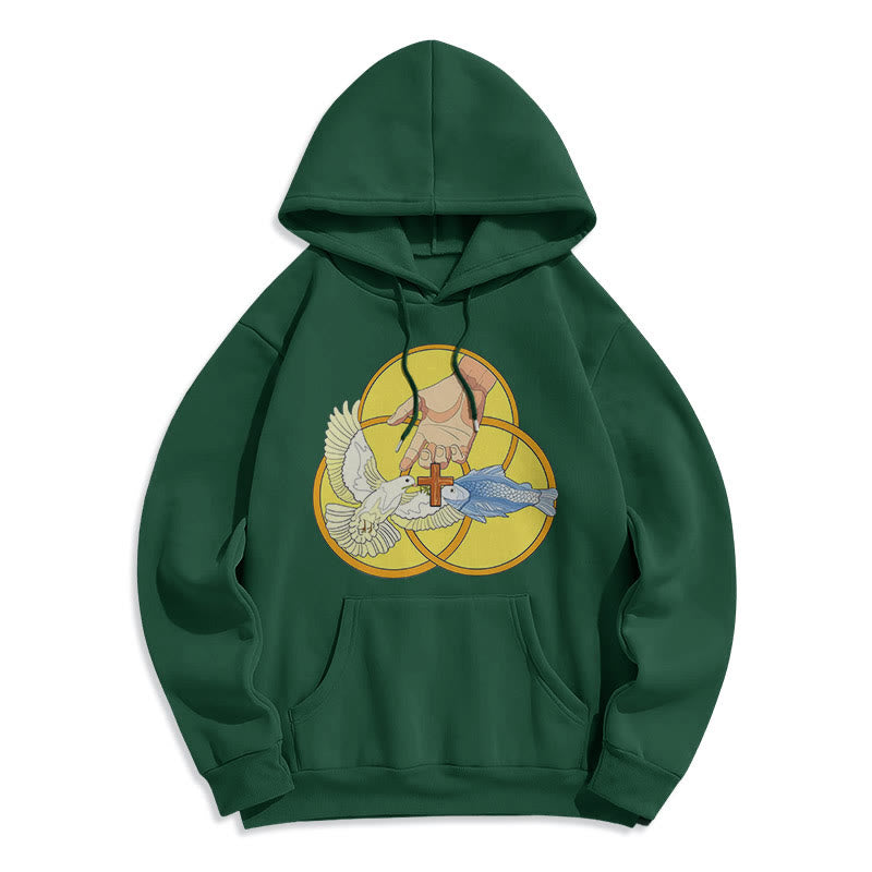 Christianartworkshop Colored Style The Holy Trinity Cross Emblem Fleece Lined Polyester Hoodie