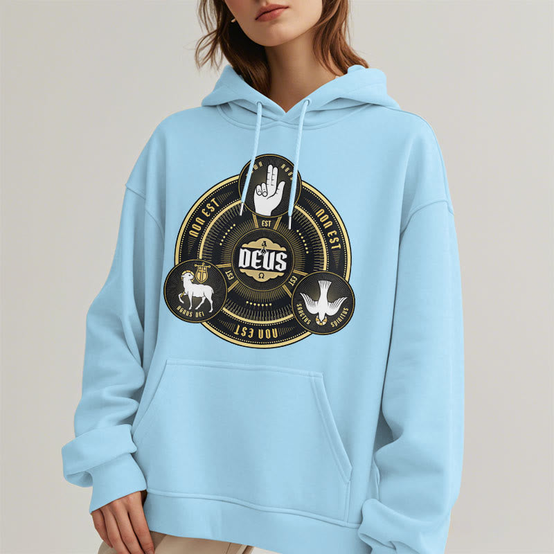 Christianartworkshop Classic Style Holy Trinity Deus Emblem Fleece Lined Polyester Hoodie