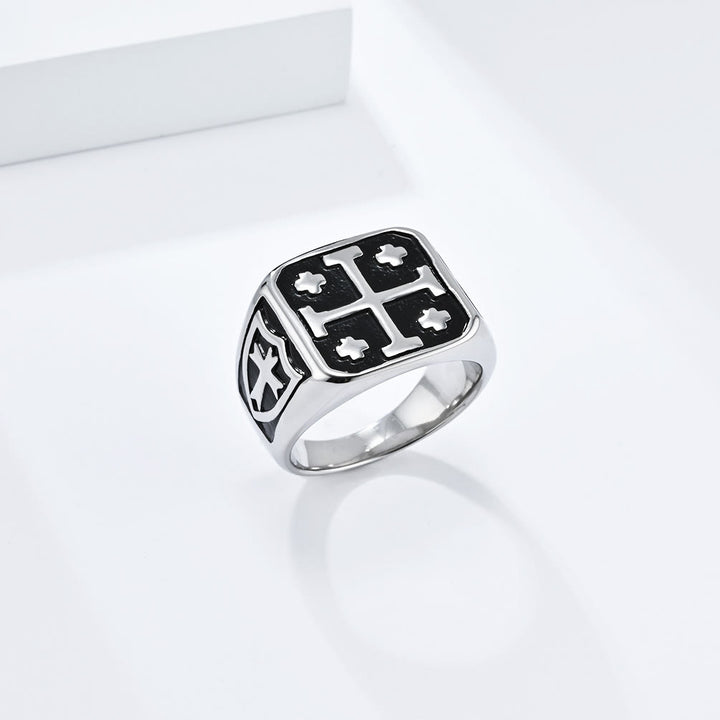 Christianartworkshop Classic Style Jerusalem Cross Shield Signet Devine Faith Ring