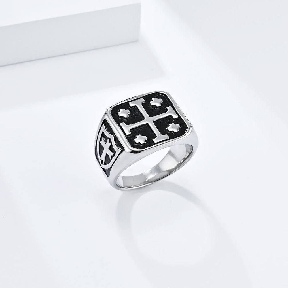Christianartworkshop Classic Style Jerusalem Cross Shield Signet Devine Faith Ring - Silver - US 13 - image 1