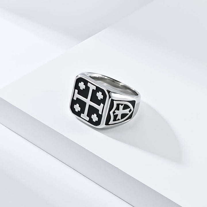 Christianartworkshop Classic Style Jerusalem Cross Shield Signet Devine Faith Ring