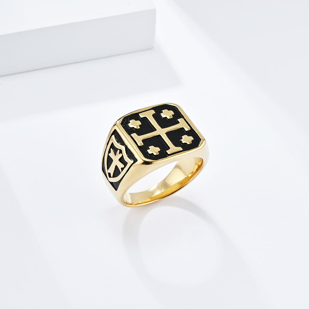 Christianartworkshop Classic Style Jerusalem Cross Shield Signet Devine Faith Ring