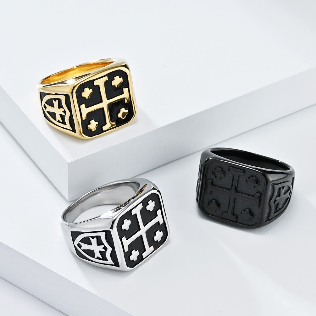 Christianartworkshop Classic Style Jerusalem Cross Shield Signet Devine Faith Ring - image 0