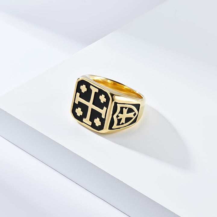 Christianartworkshop Classic Style Jerusalem Cross Shield Signet Devine Faith Ring