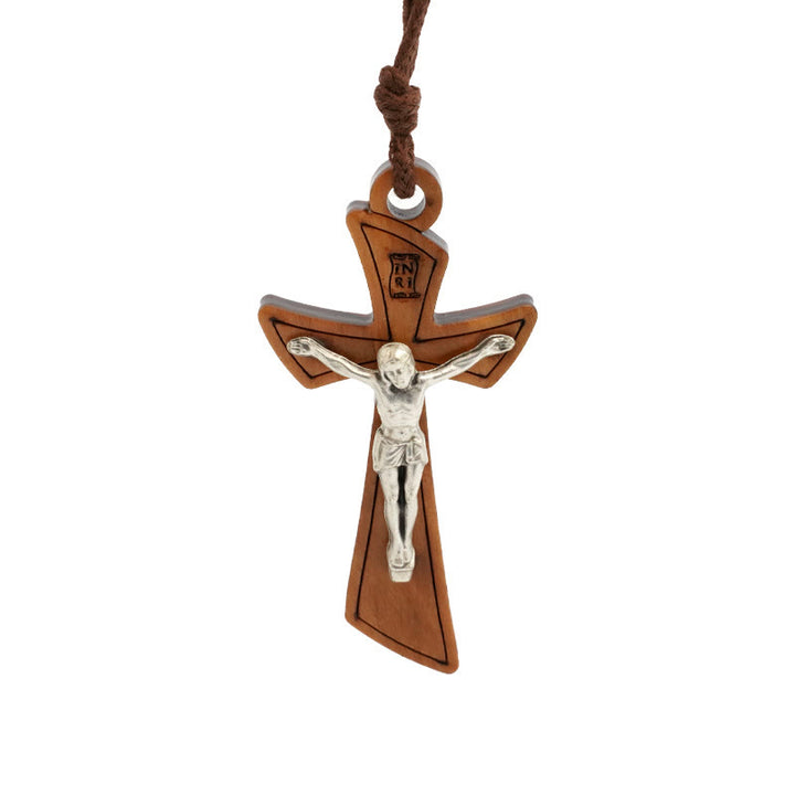 Christianartworkshop Classic Style Olive Wood INRI Plaque Crucifix Pendant Necklace