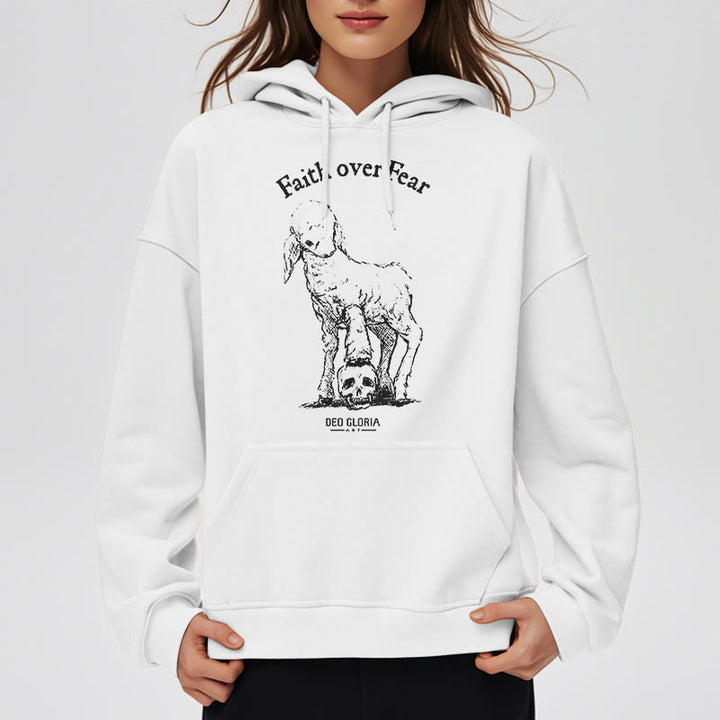 Christianartworkshop Quotation Style Faith Over Fear Lamb Fleece Lined Polyester Hoodie - image 12